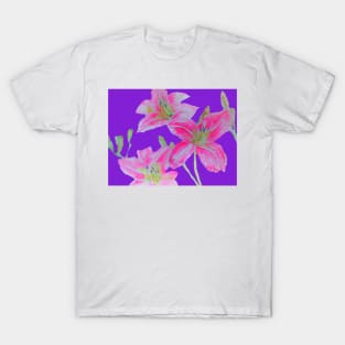 Pink Lily Flowers floral Watercolor Painting Purple T-Shirt